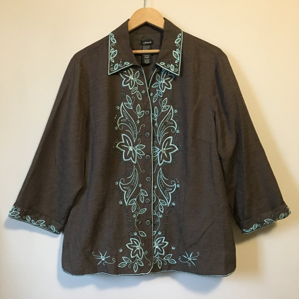 Vintage Fusion 100% Silk Floral Embroidered Sequin Jacket Blazer Plus 1X
